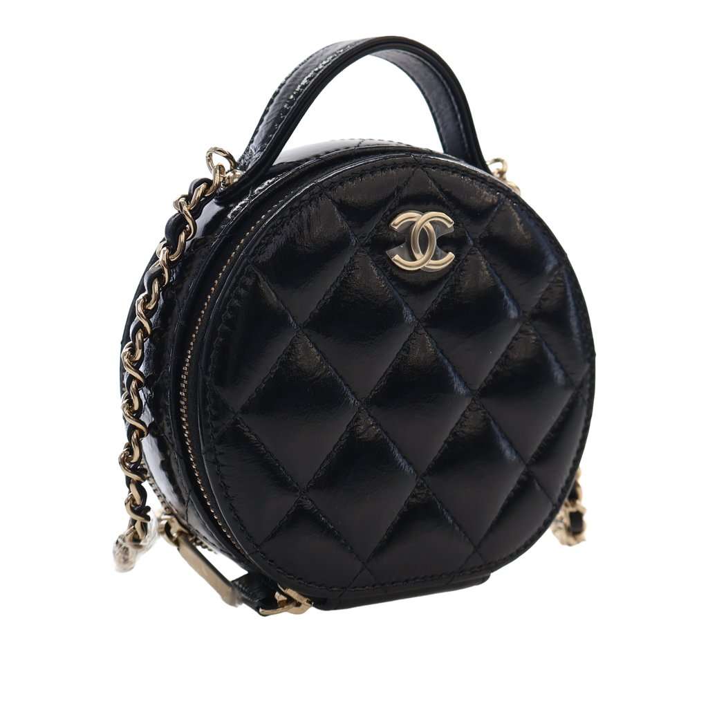 Chanel Quilted Glazed Lambskin Handle With Care Round Vanity Case with Chain Black Leather Very good - Back View