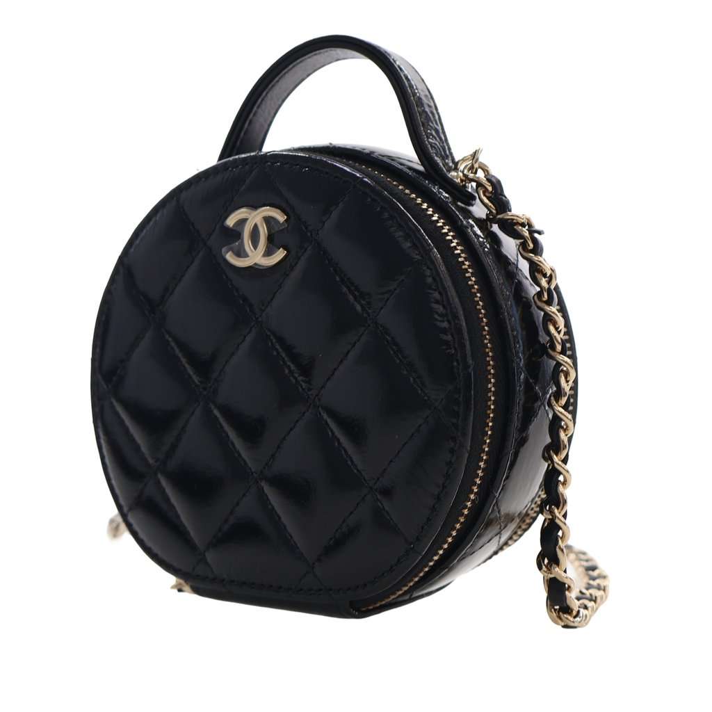 Chanel Quilted Glazed Lambskin Handle With Care Round Vanity Case with Chain Black Leather Very good - Inside View