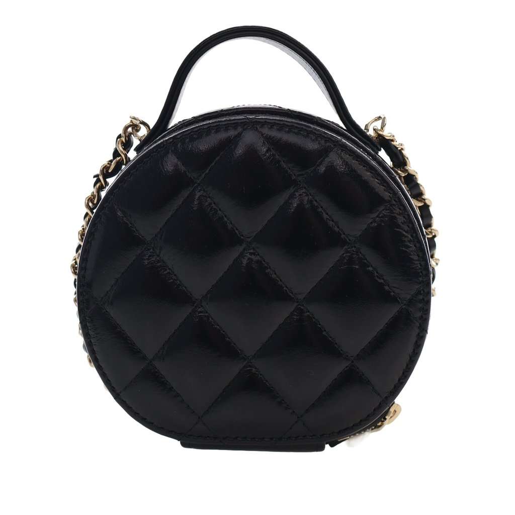 Chanel Quilted Glazed Lambskin Handle With Care Round Vanity Case with Chain Black Leather Very good - Model View