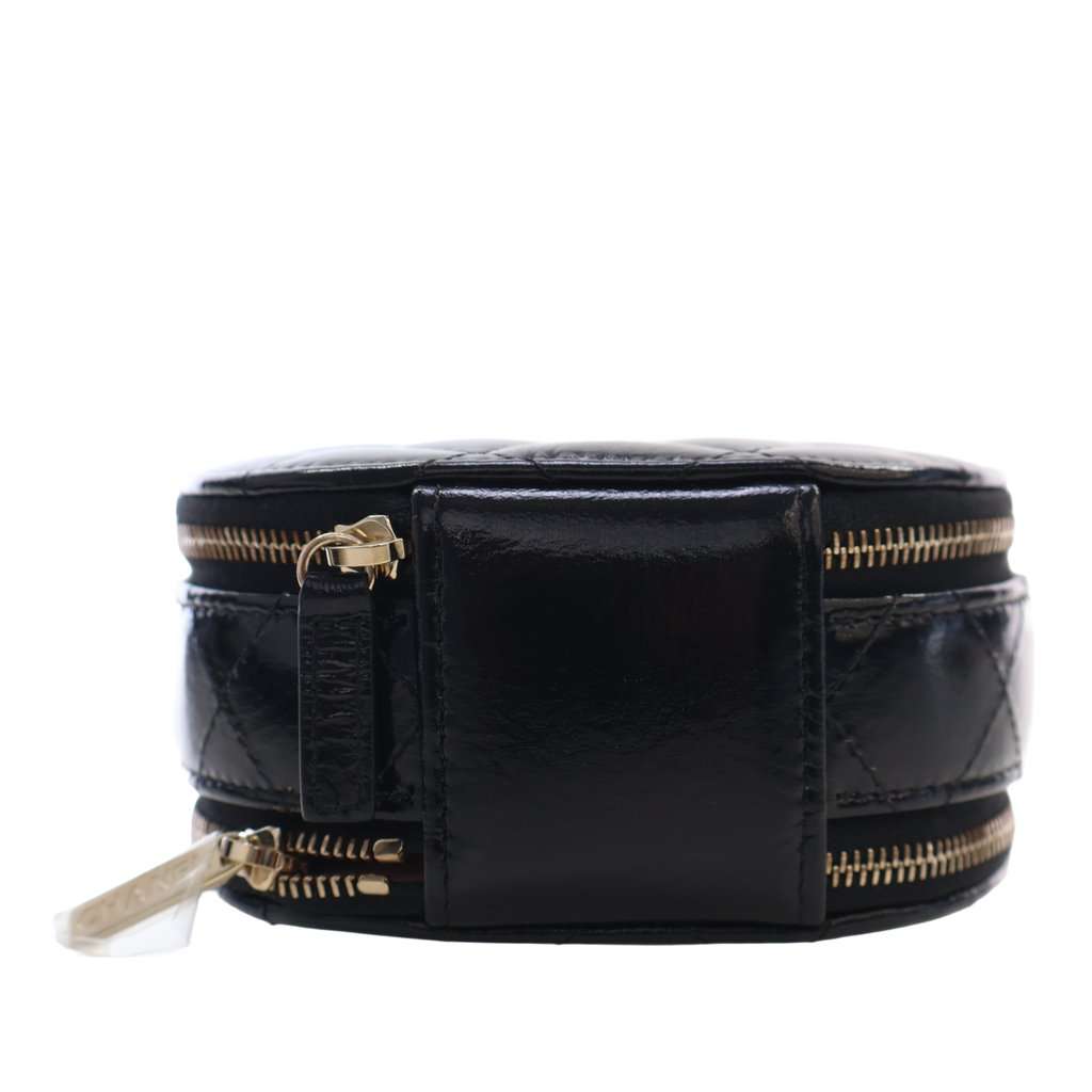 Chanel Quilted Glazed Lambskin Handle With Care Round Vanity Case with Chain Black Leather Very good - Box View