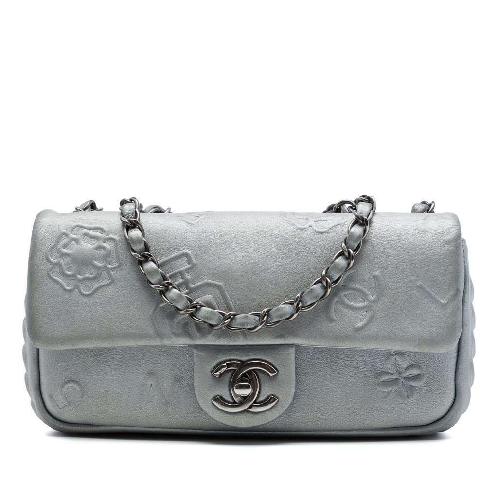 Chanel Small Embossed Metallic Calfskin Precious Symbols Flap Silver Leather Very good condition - Front View