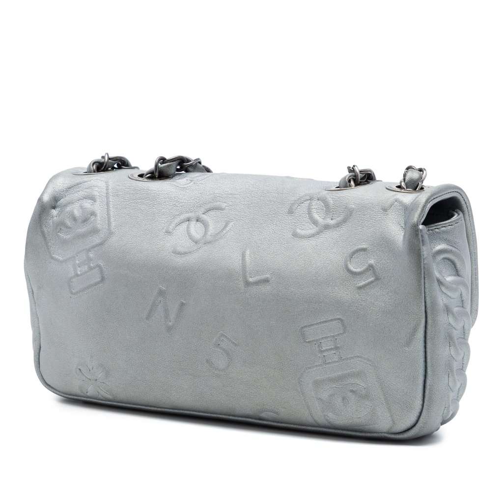 Chanel Small Embossed Metallic Calfskin Precious Symbols Flap Silver Leather Very good condition - Back View