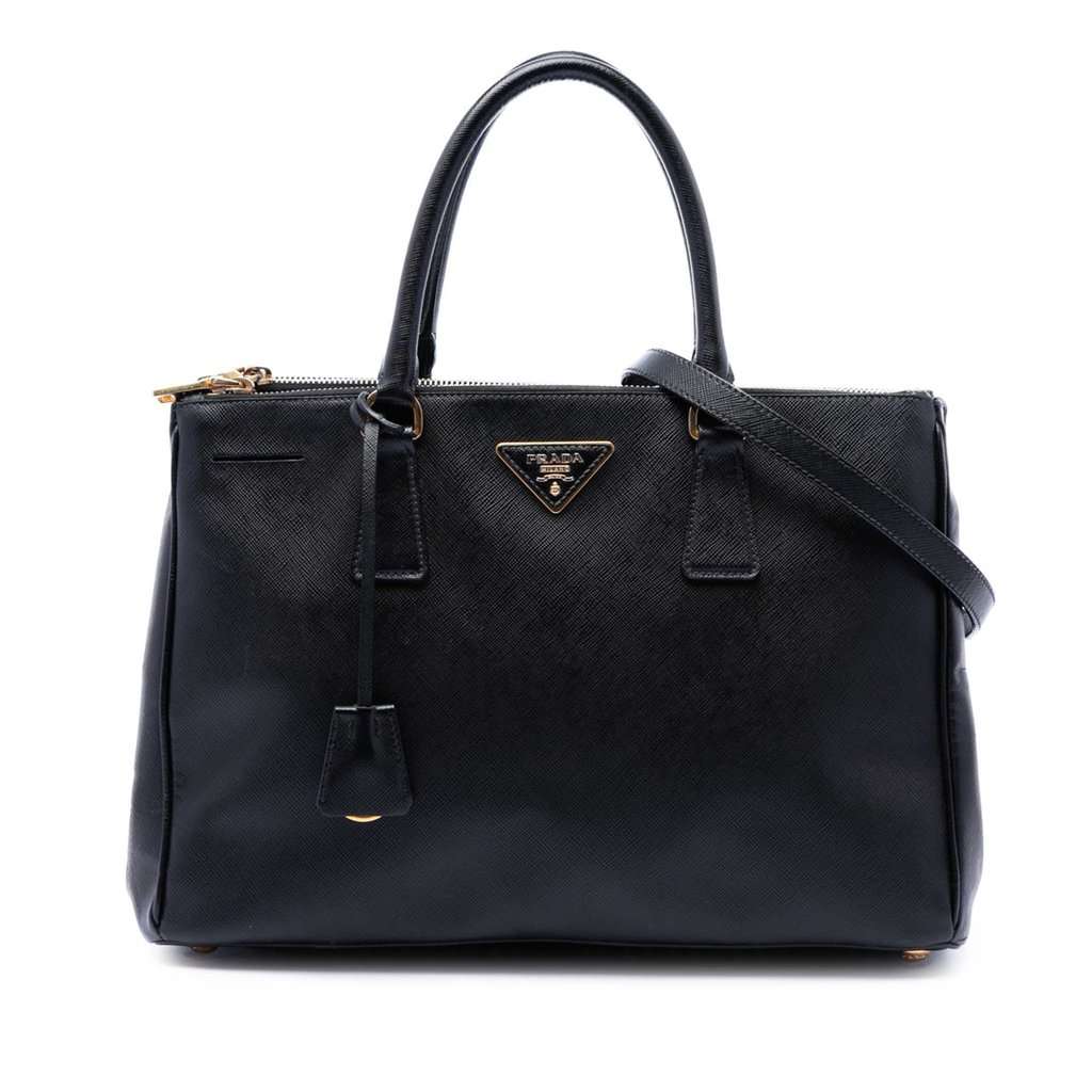 Prada Medium Saffiano Lux Galleria Double Zip Satchel Black Leather Good - Front View