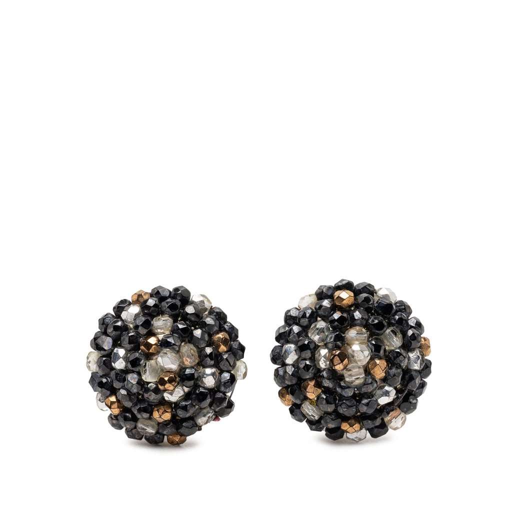 Chanel Beaded Round Clip On Earrings Black Very good condition - Front View
