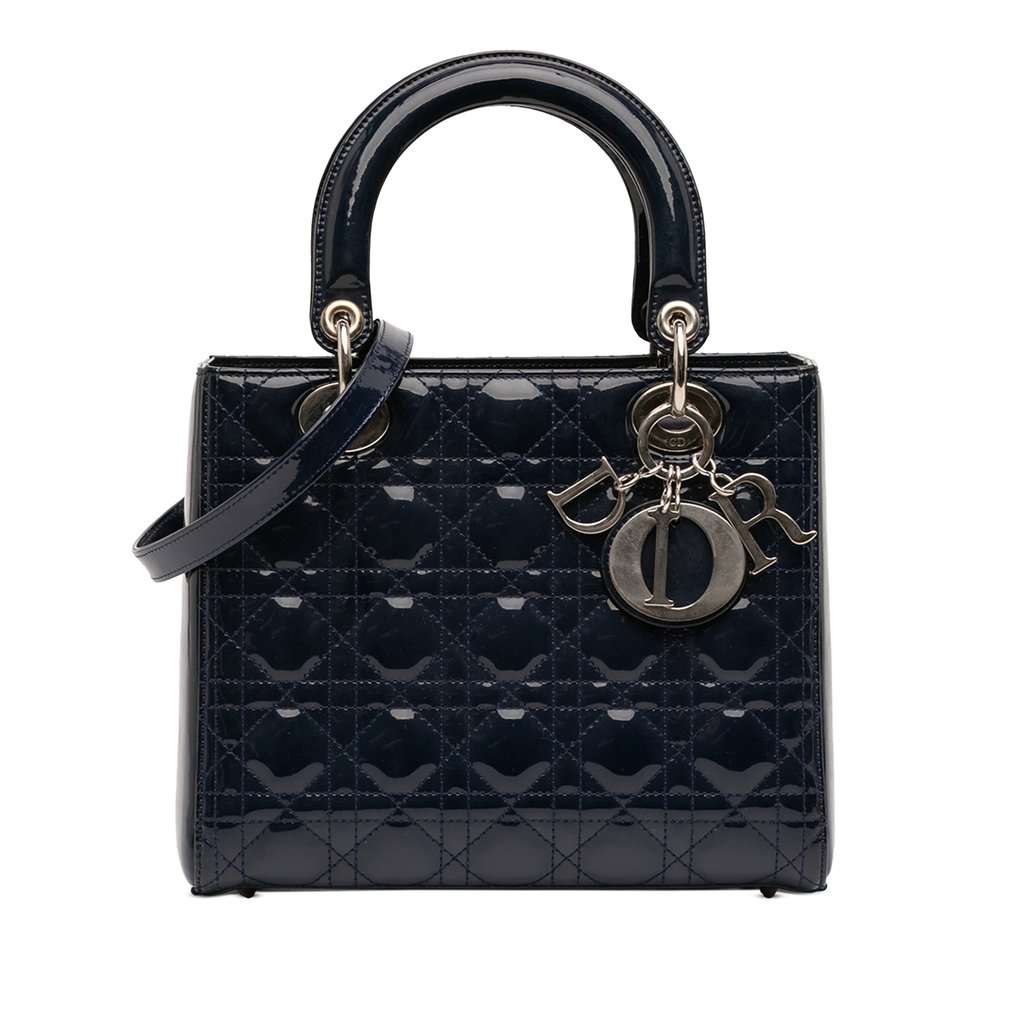 Dior Medium Patent Cannage Lady Dior Blue Leather Very good condition - Front View