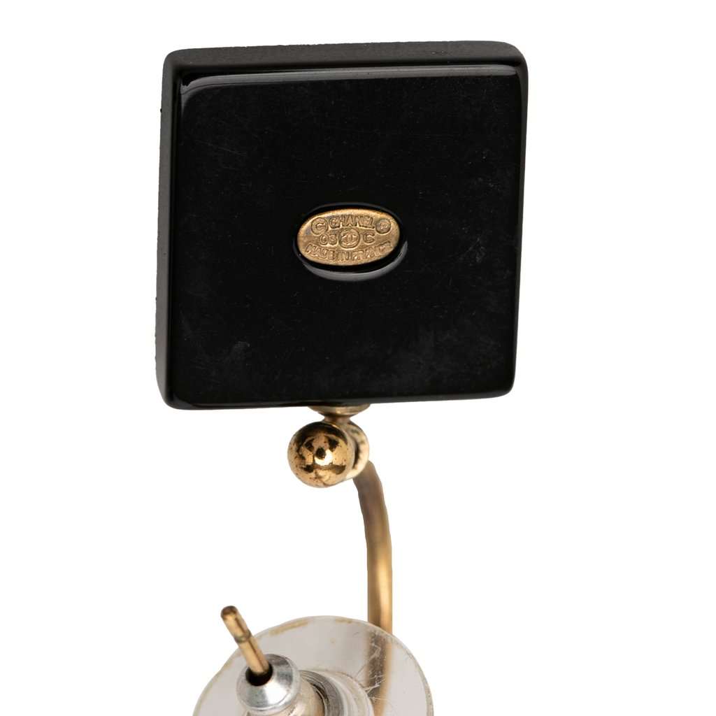 Chanel CC Gold Plated Resin and Faux Pearl Dice Drop Push Back Earrings Black Plastic Very good condition - Inside View