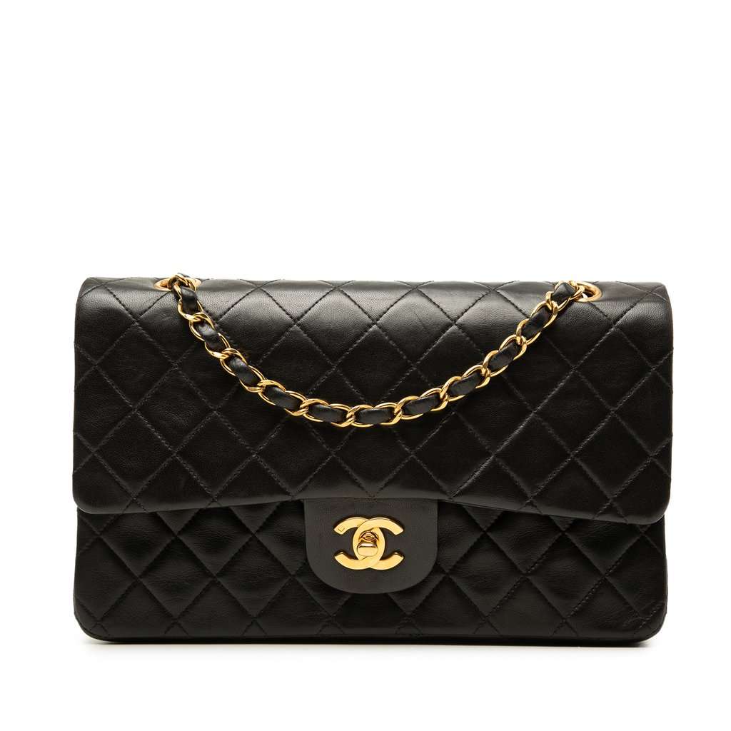 Chanel Medium Classic Lambskin Double Flap Black Leather Very good - Front View