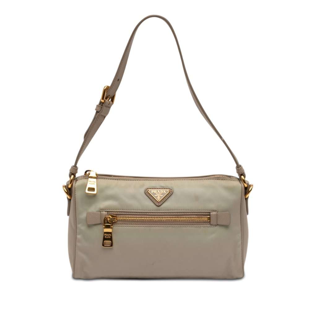 Prada Saffiano Trimmed Tessuto Pocket Shoulder Bag Beige Very good condition - Front View
