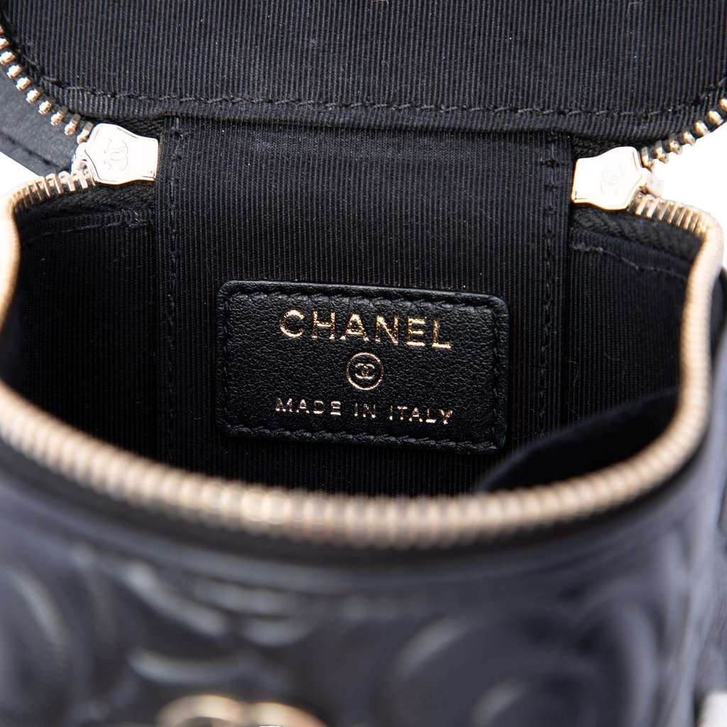 Chanel Mini Camellia Embossed Lambskin Vanity Case With Chain Black Leather Very good - Box View
