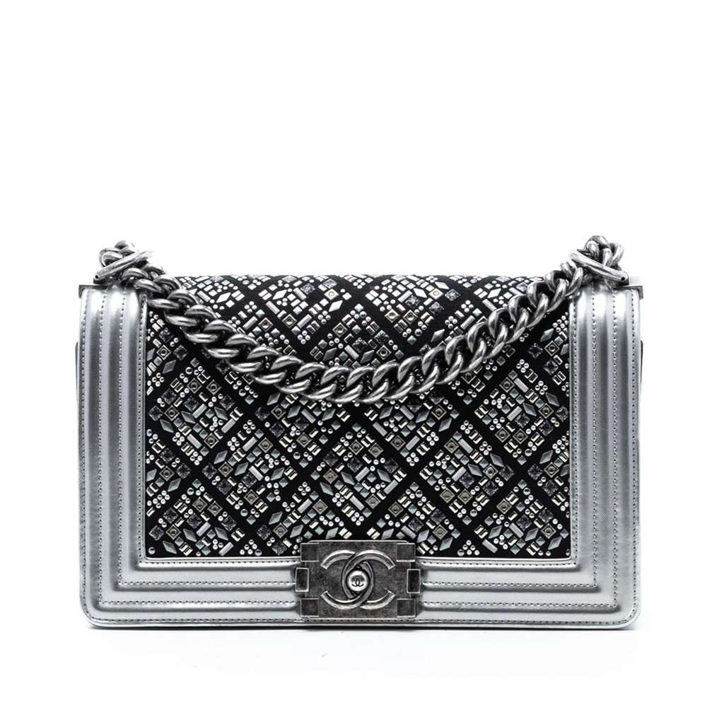 Chanel Old Medium Calfskin Crystal Embellished Boy Flap Silver Leather Very good condition - Front View