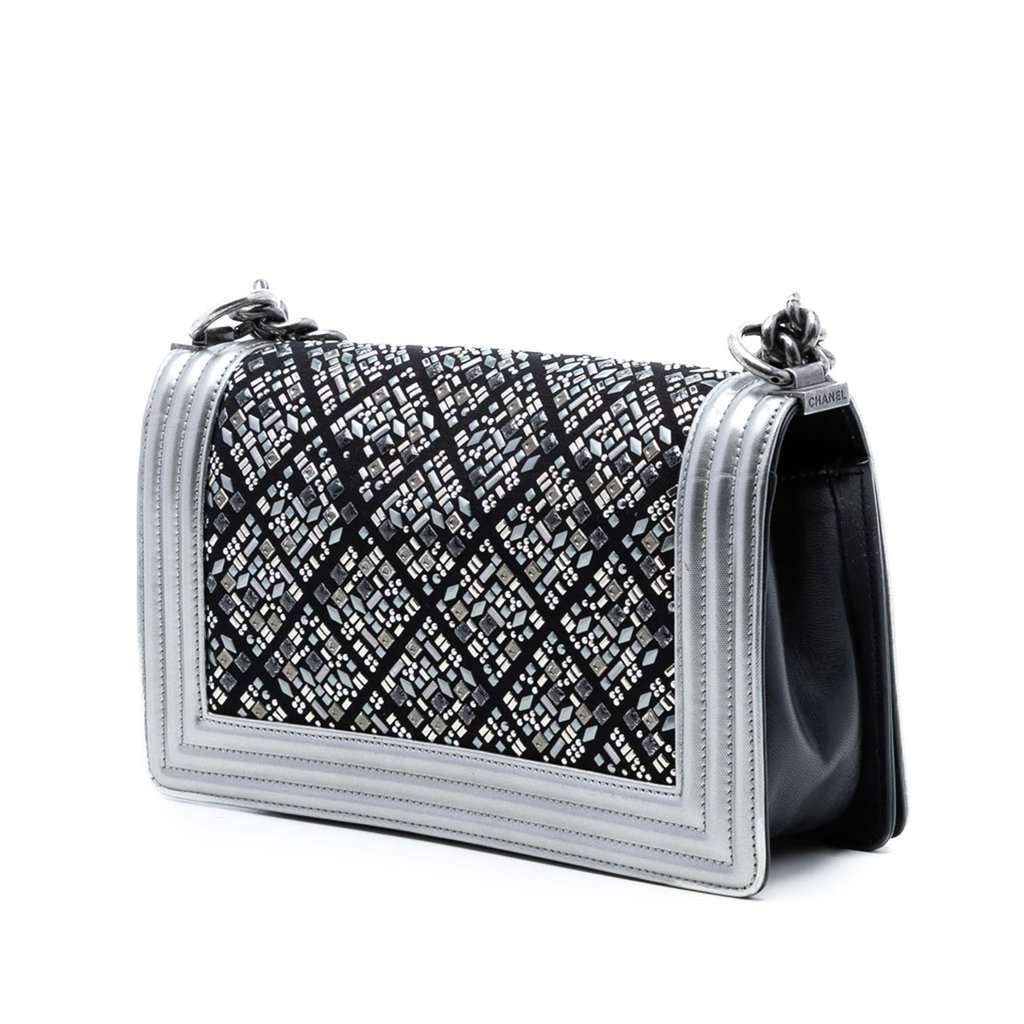 Chanel Old Medium Calfskin Crystal Embellished Boy Flap Silver Leather Very good condition - Back View