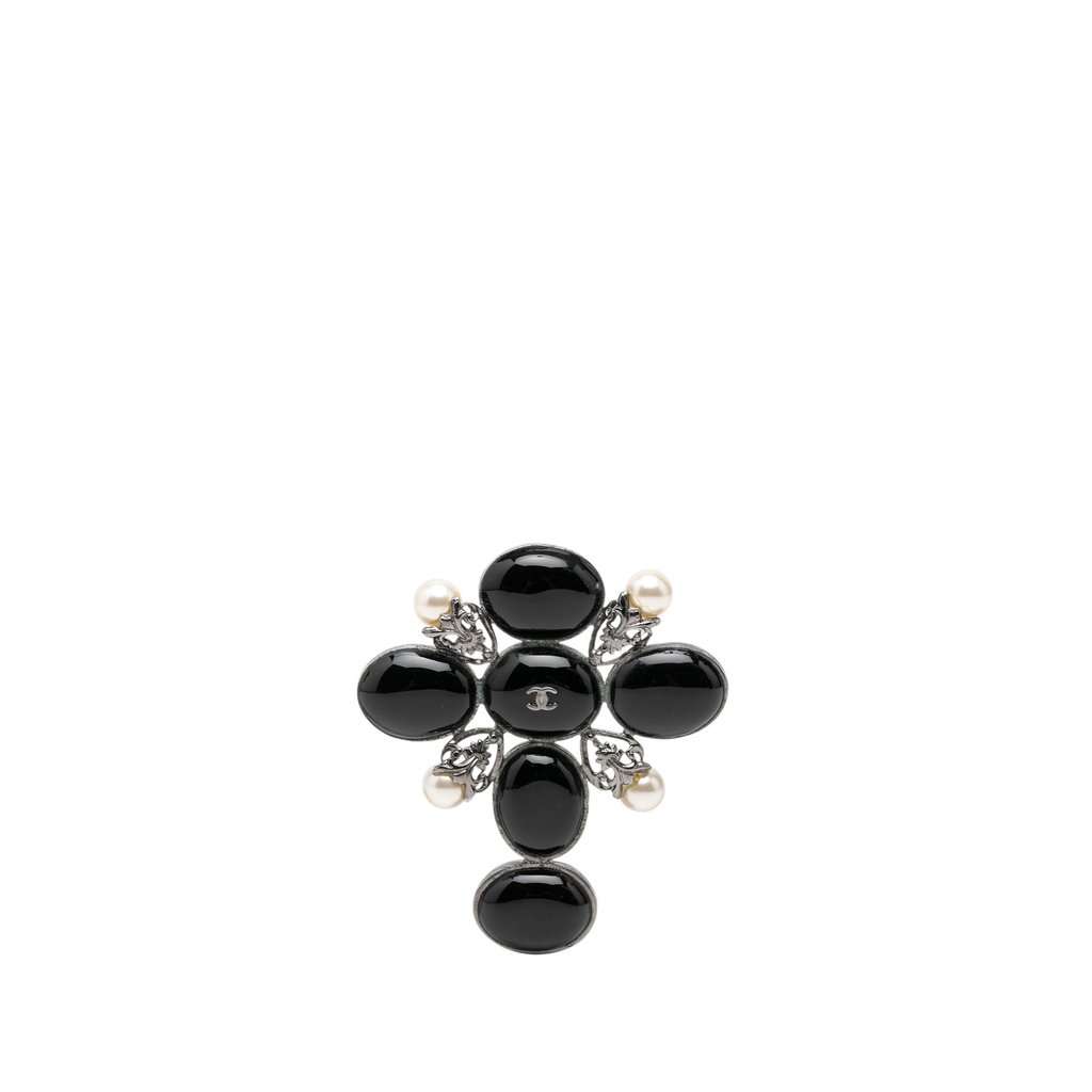 Chanel CC Brass Resin Faux Pearl Cross Brooch Black Plastic Very good condition - Front View