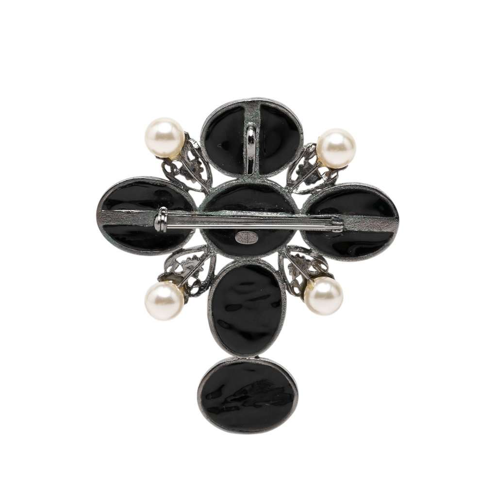 Chanel CC Brass Resin Faux Pearl Cross Brooch Black Plastic Very good condition - Back View