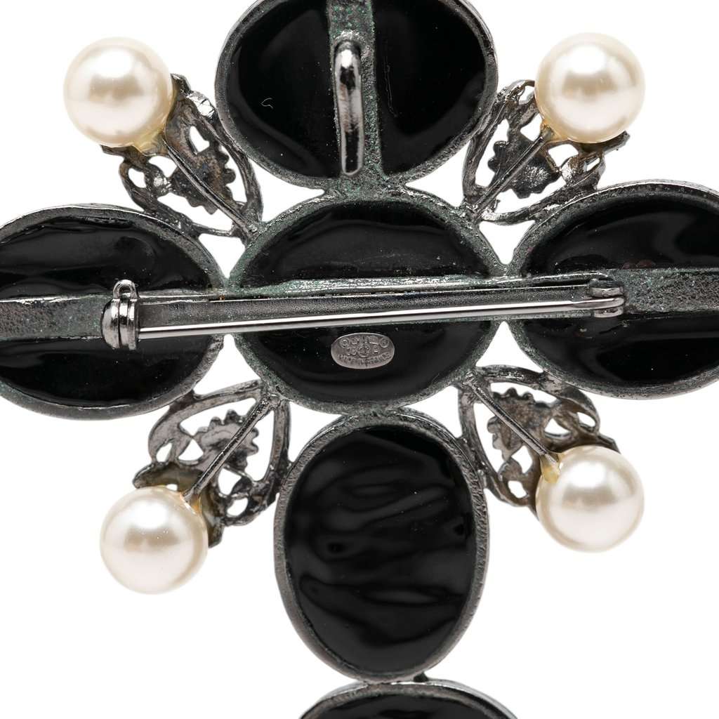 Chanel CC Brass Resin Faux Pearl Cross Brooch Black Plastic Very good condition - Inside View