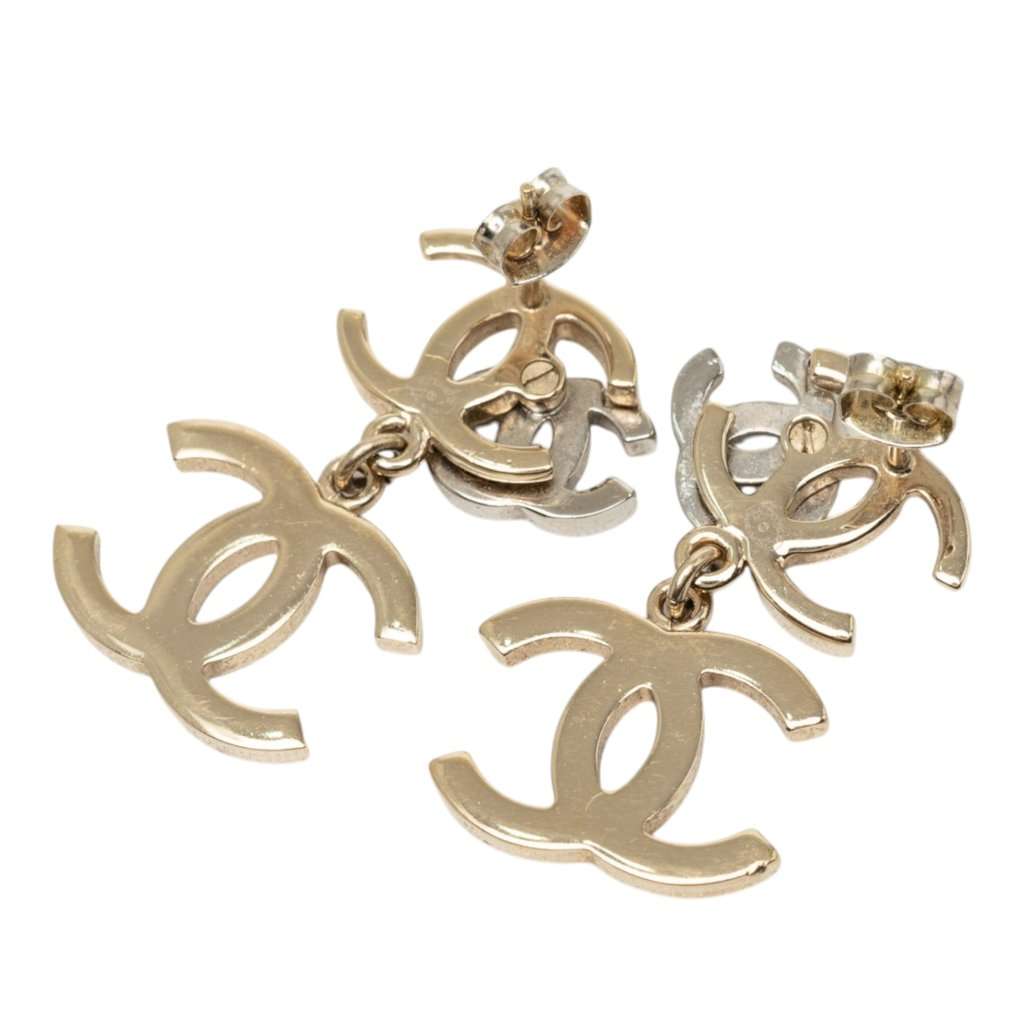 Chanel Gold Plated Strass and Faux Pearl Double CC Drop Push Back Earrings Gold Metal Very good - Back View