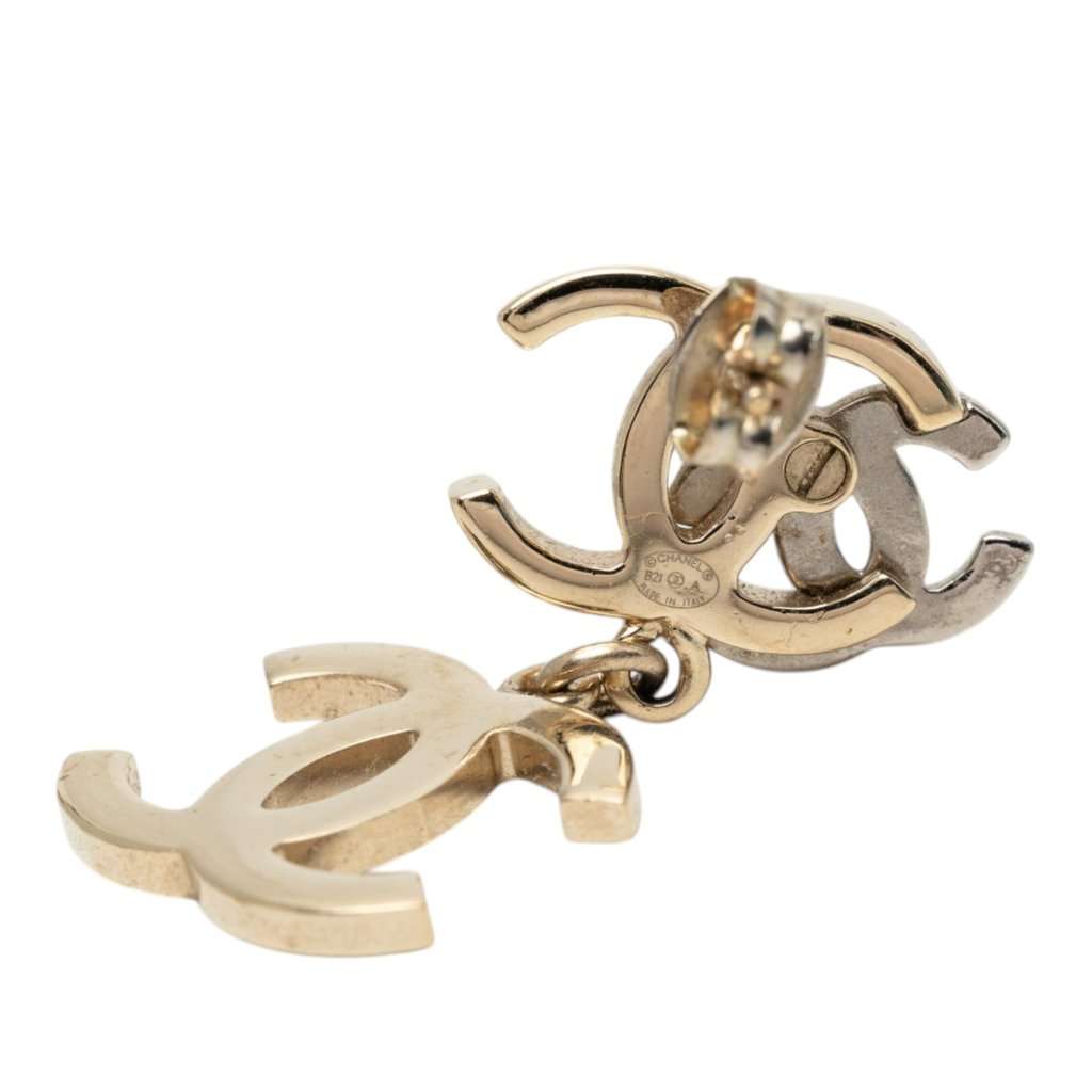 Chanel Gold Plated Strass and Faux Pearl Double CC Drop Push Back Earrings Gold Metal Very good - Inside View