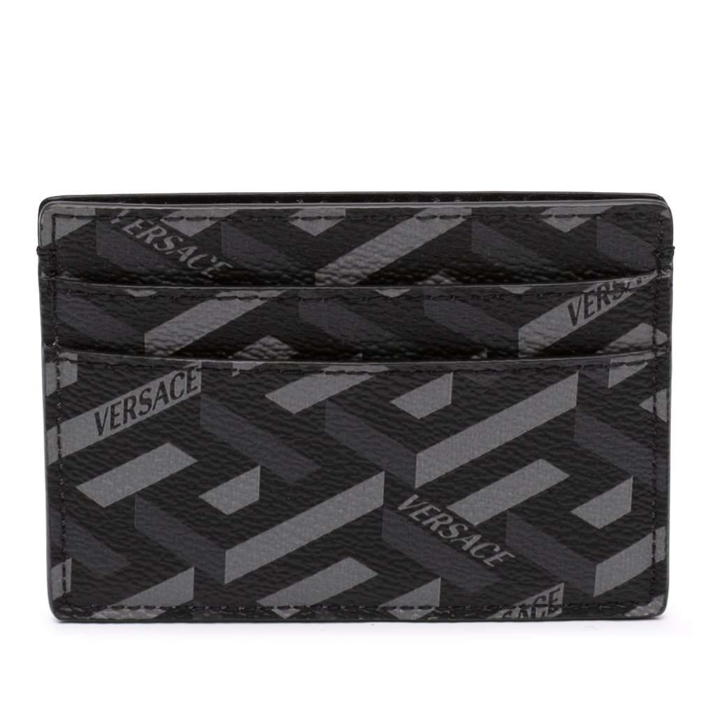 Versace La Greca Coated Canvas Card Holder Black Leather Very good - Front View