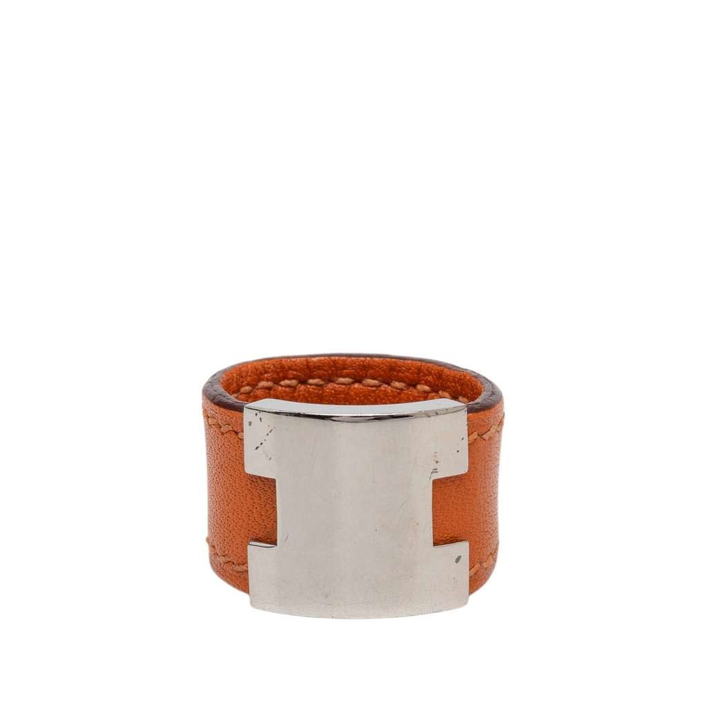 Hermès Swift and Palladium Plated Lurie Ring Orange Leather Very good condition - Front View