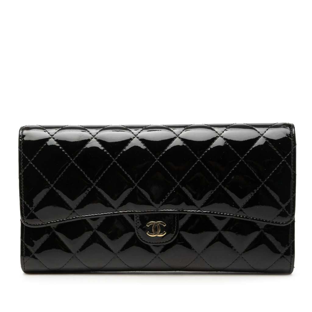 Chanel CC Quilted Patent Classic Flap Long Wallet Black Leather Very good condition - Front View