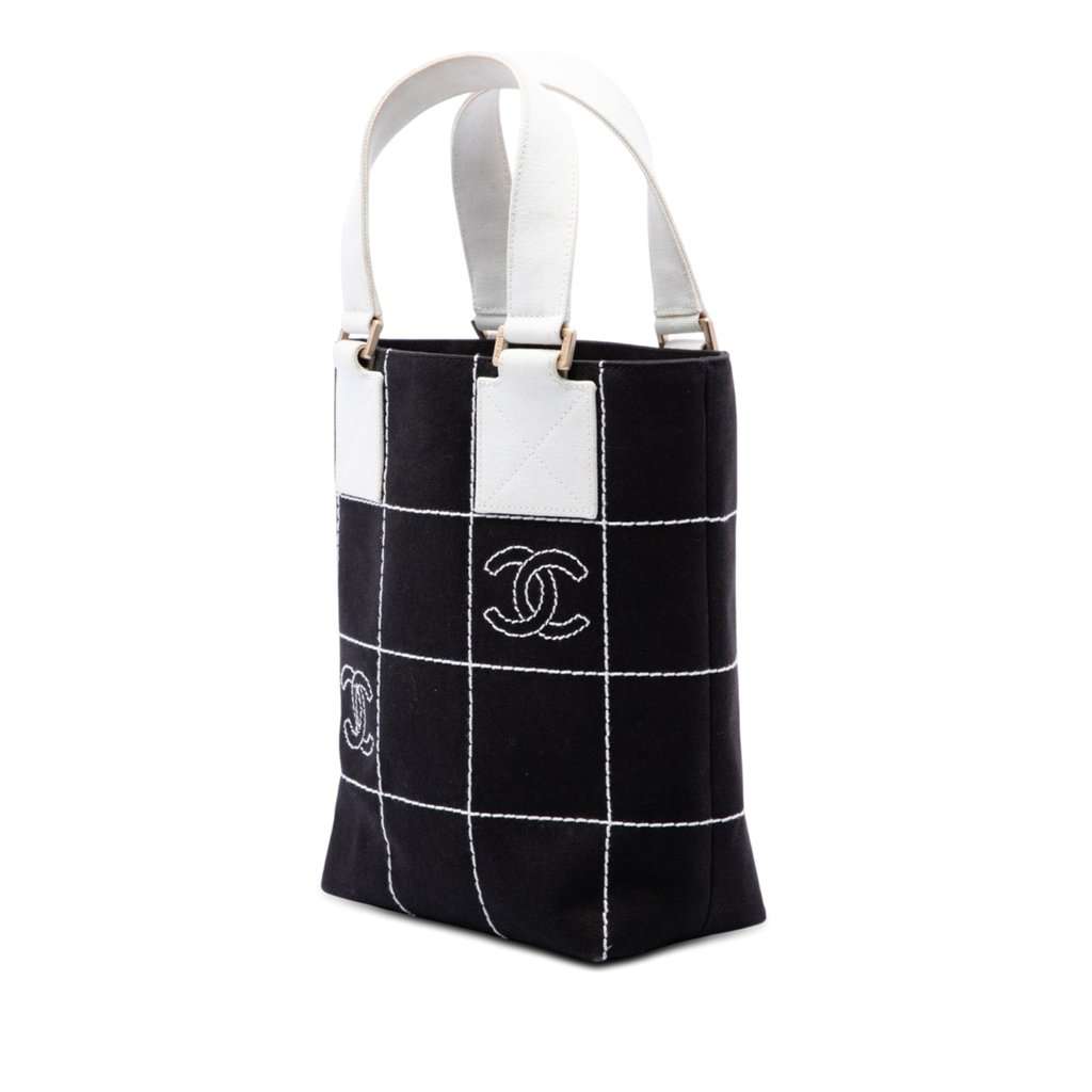 Chanel Small CC Chocolate Bar Canvas Tote Black Very good - Back View