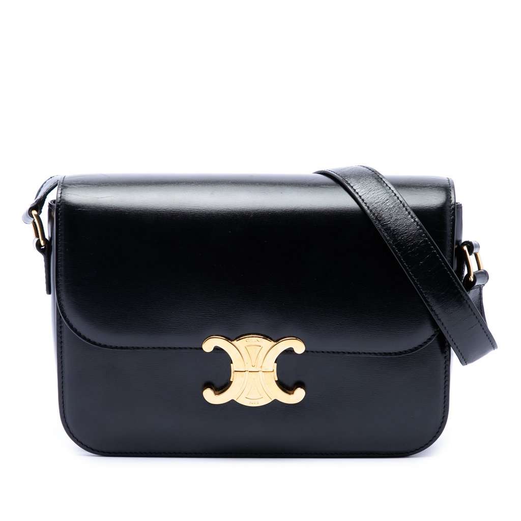 Celine Classique Shiny Calfskin Triomphe Crossbody Black Leather Very good - Front View