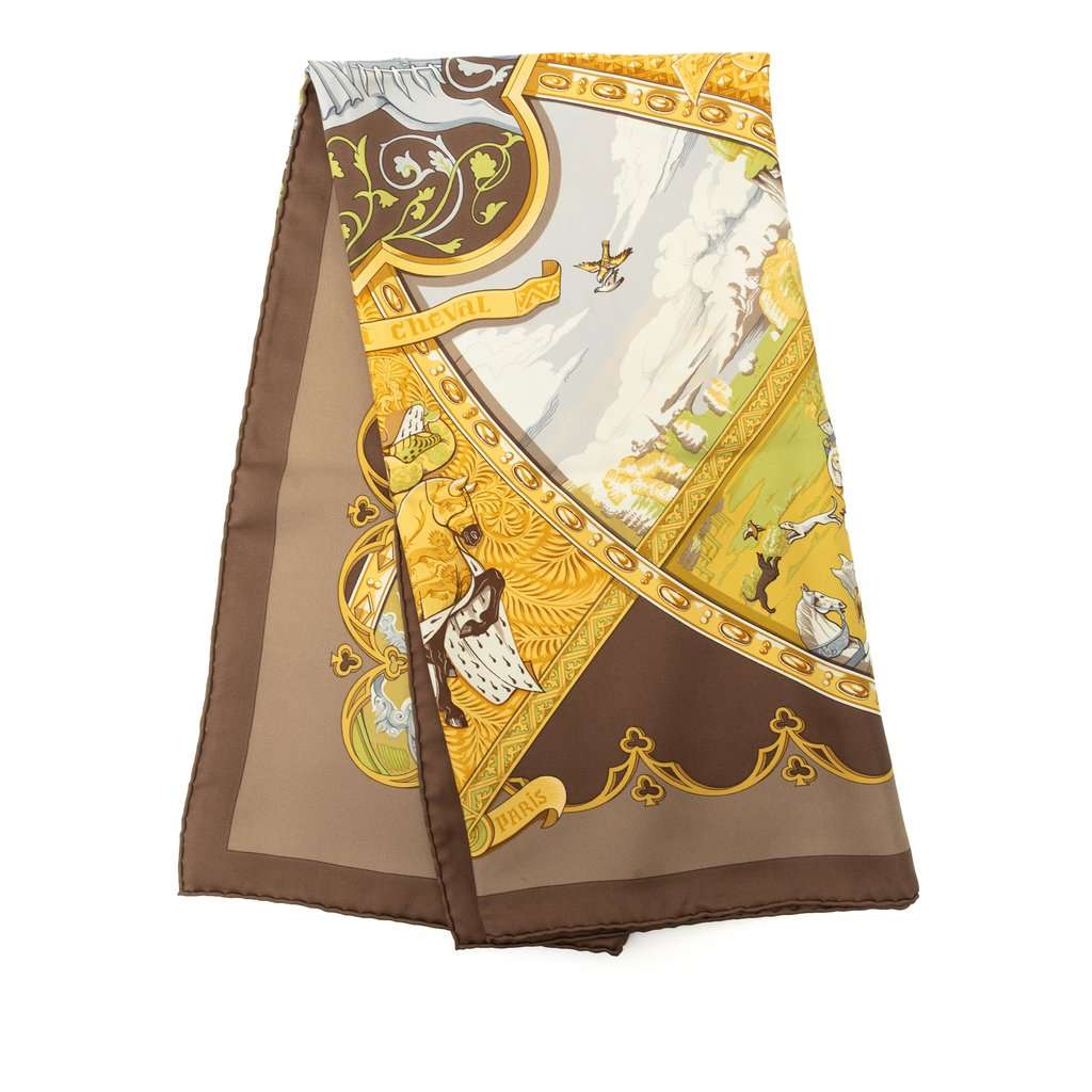 Hermès La Vie a Cheval Silk Scarf 90 Brown Very good - Front View