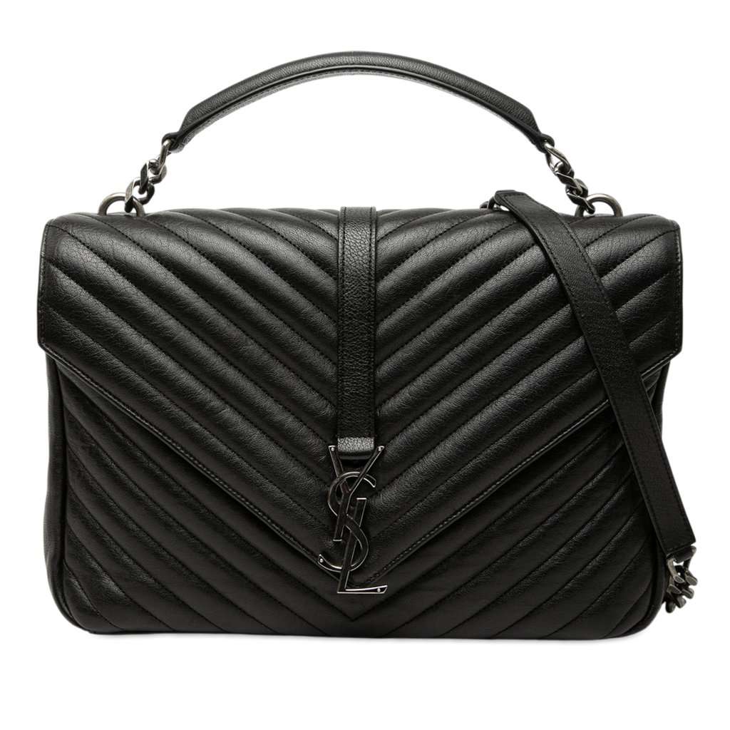Saint Laurent Large Chevron Sheepskin Monogram College Satchel Black Leather Very good condition - Front View