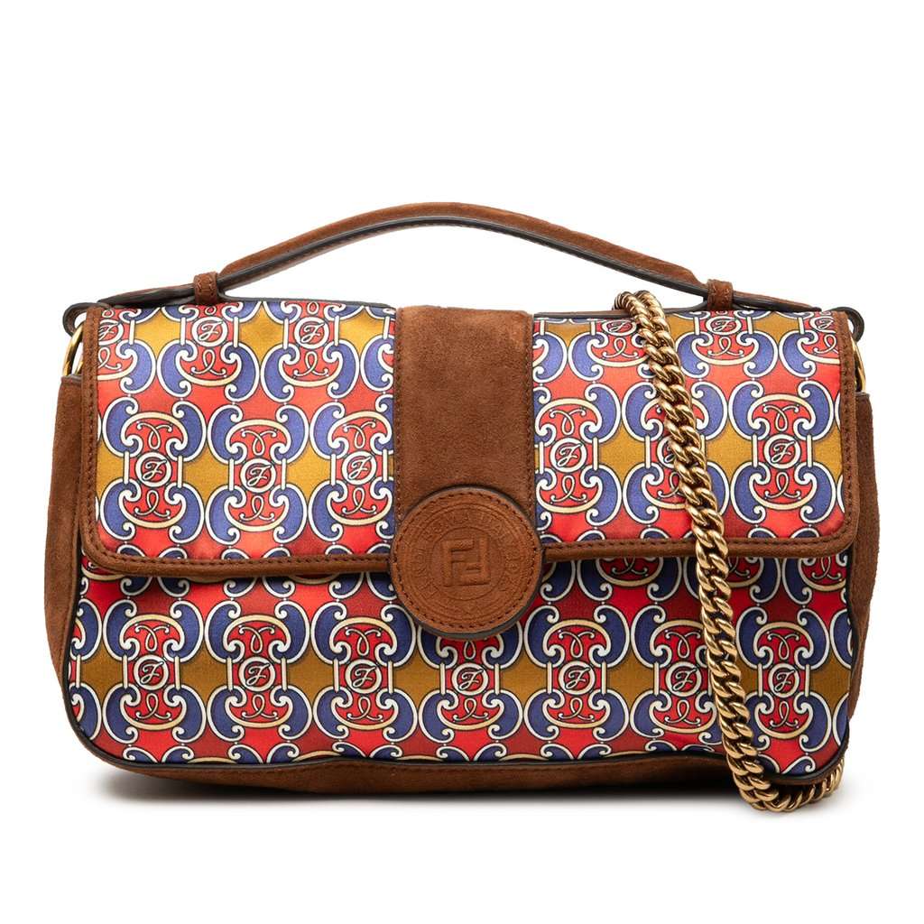 Fendi Printed Satin and Suede Double F Baguette Satchel Brown Very good condition - Front View