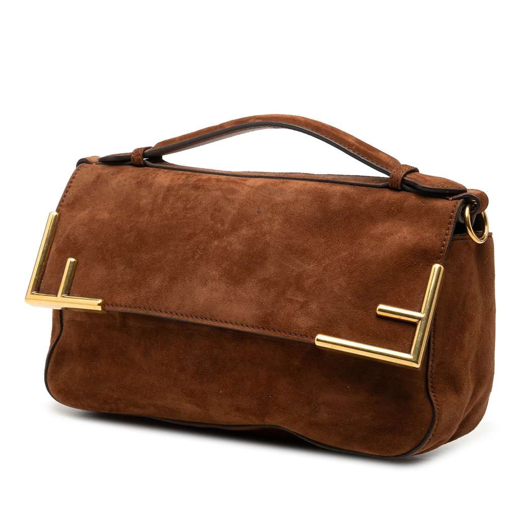 Fendi Printed Satin and Suede Double F Baguette Satchel Brown Very good condition - Back View