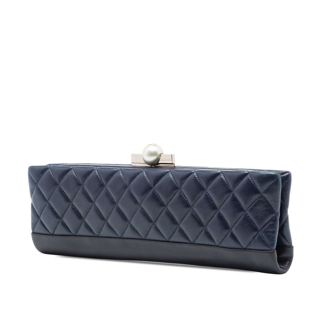 Chanel CC Quilted Lambskin Pearl Evening Baguette Clutch Blue Leather Very good - Back View