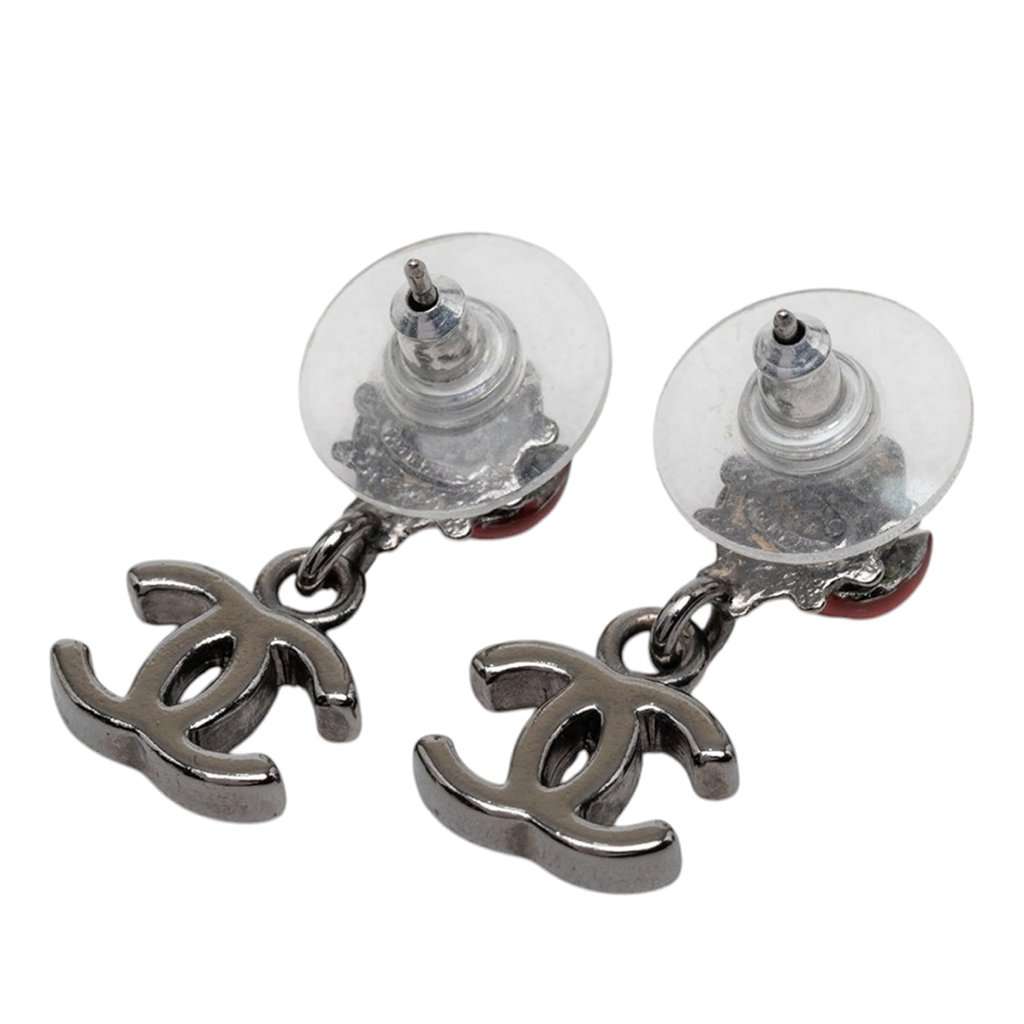 Chanel Brass and Enamel Lady Bug CC Drop Bullet Backs Earrings Silver Metal Very good condition - Back View