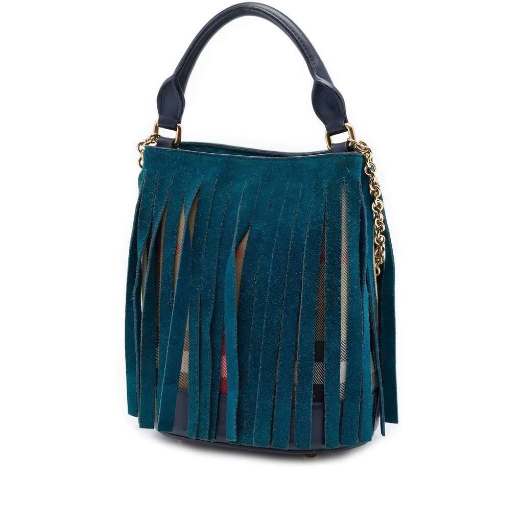 Burberry Prorsum House Check Canvas and Suede Fringe Bucket Bag Beige Very good - Back View