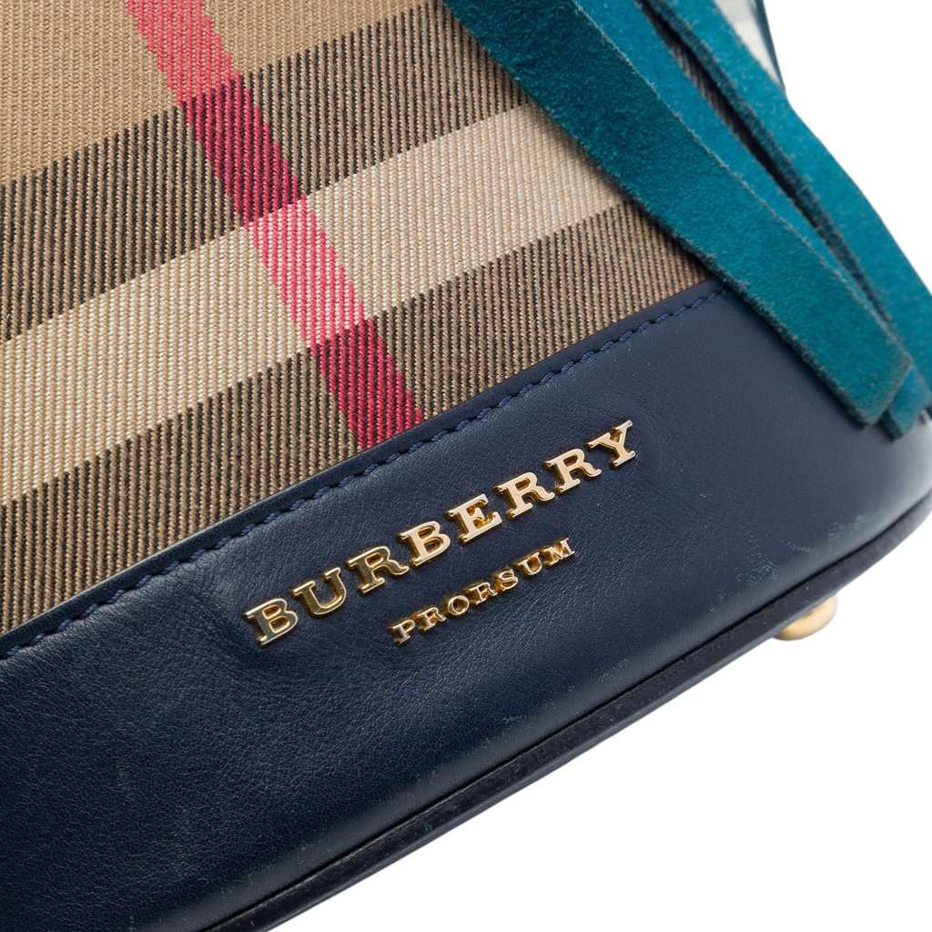 Burberry Prorsum House Check Canvas and Suede Fringe Bucket Bag Beige Very good - Box View