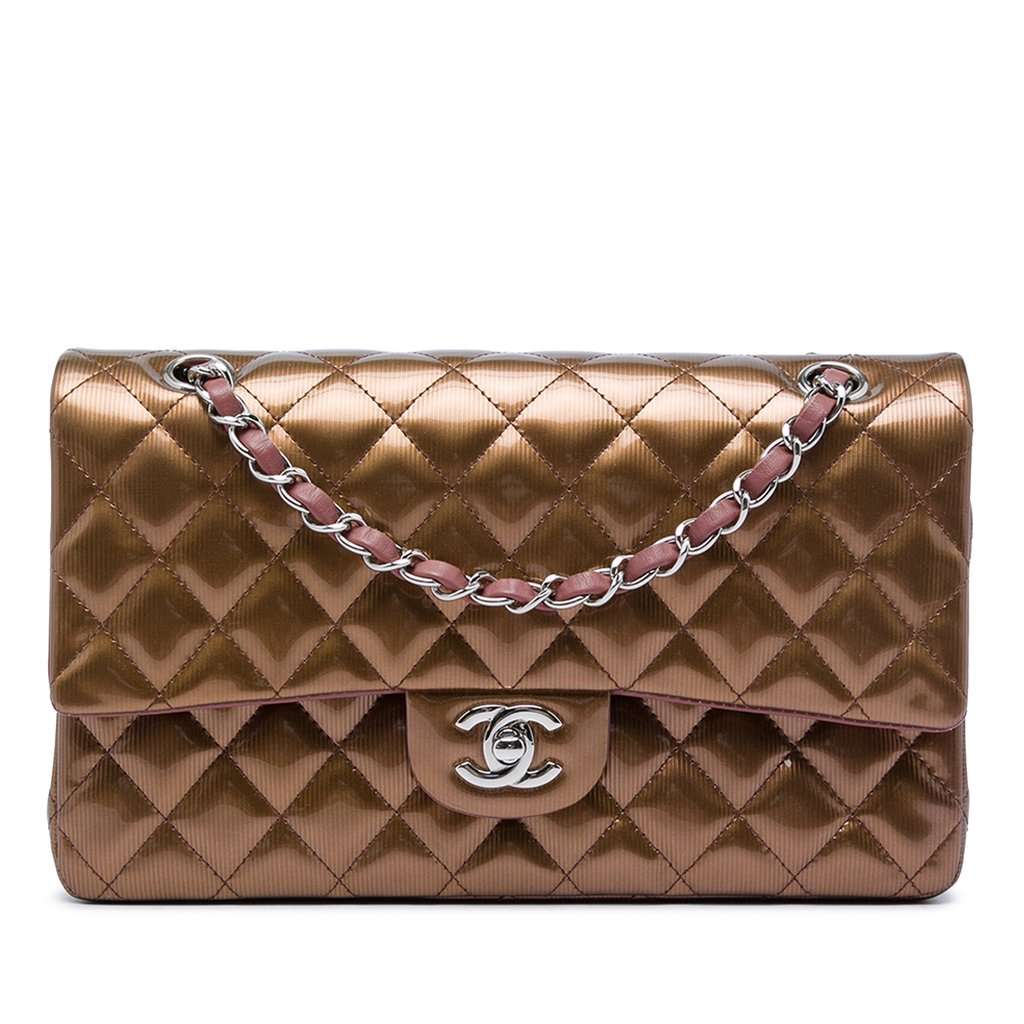 Chanel Medium Classic Striated Patent Double Flap Brown Leather Very good condition - Front View