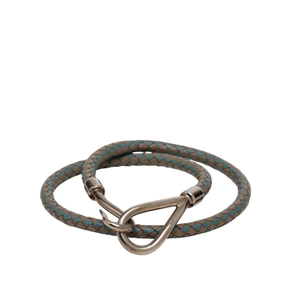 Hermès Palladium Plated and Woven Leather Jumbo Hook Double Tour Bracelet Grey Leather Very good - Front View