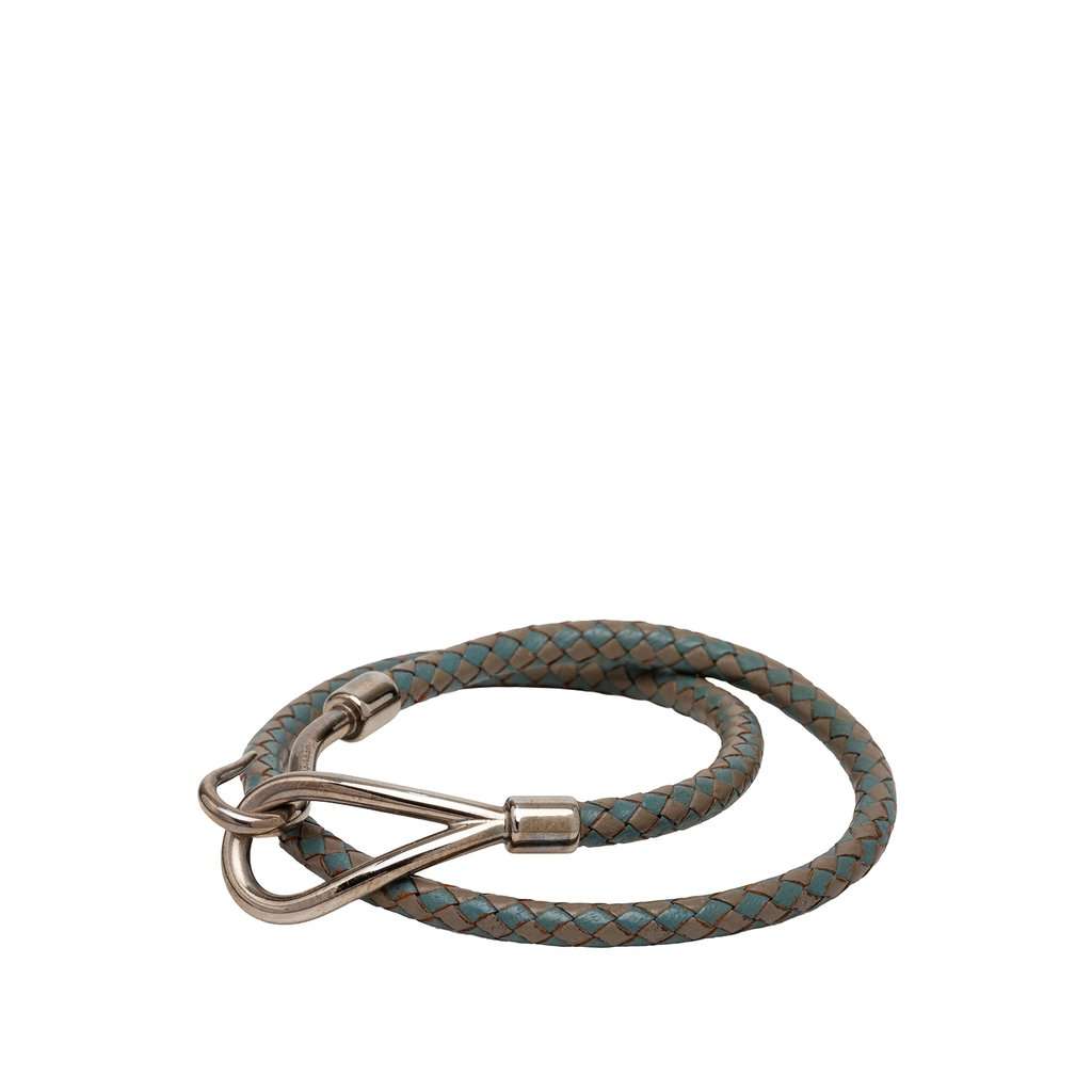 Hermès Palladium Plated and Woven Leather Jumbo Hook Double Tour Bracelet Grey Leather Very good - Back View