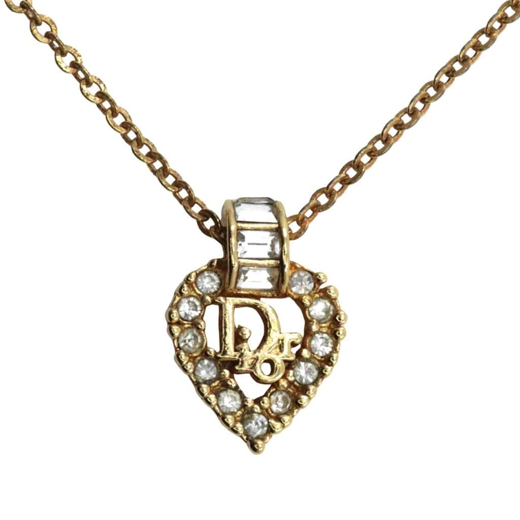 Dior Gold Plated Strass Heart Pendant Necklace Gold Metal Very good condition - Front View