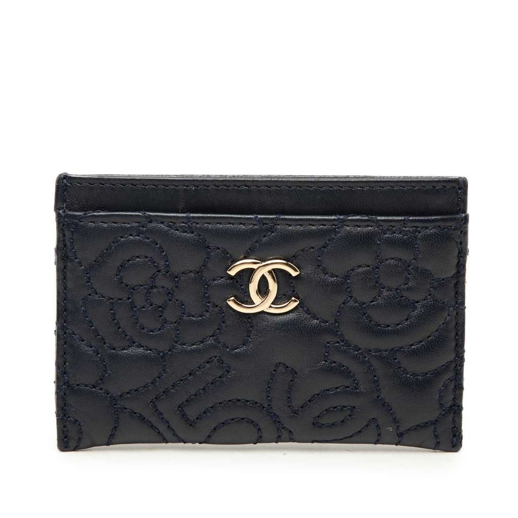 Chanel CC Embossed Lambskin Camellia Card Holder Blue Leather Very good condition - Front View