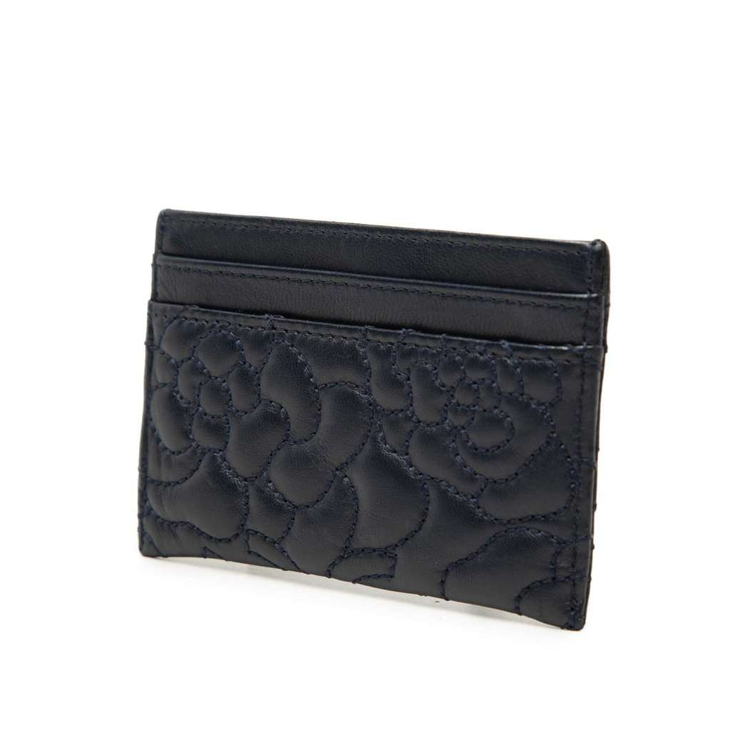 Chanel CC Embossed Lambskin Camellia Card Holder Blue Leather Very good condition - Back View
