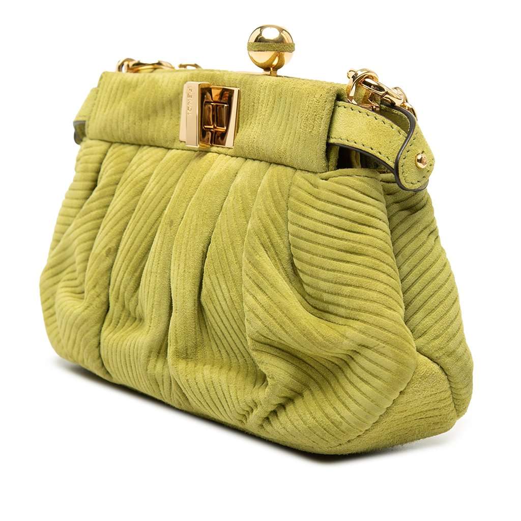 Fendi Small Embossed Suede Peekaboo Click Clutch on Chain Green Leather Very good condition - Back View