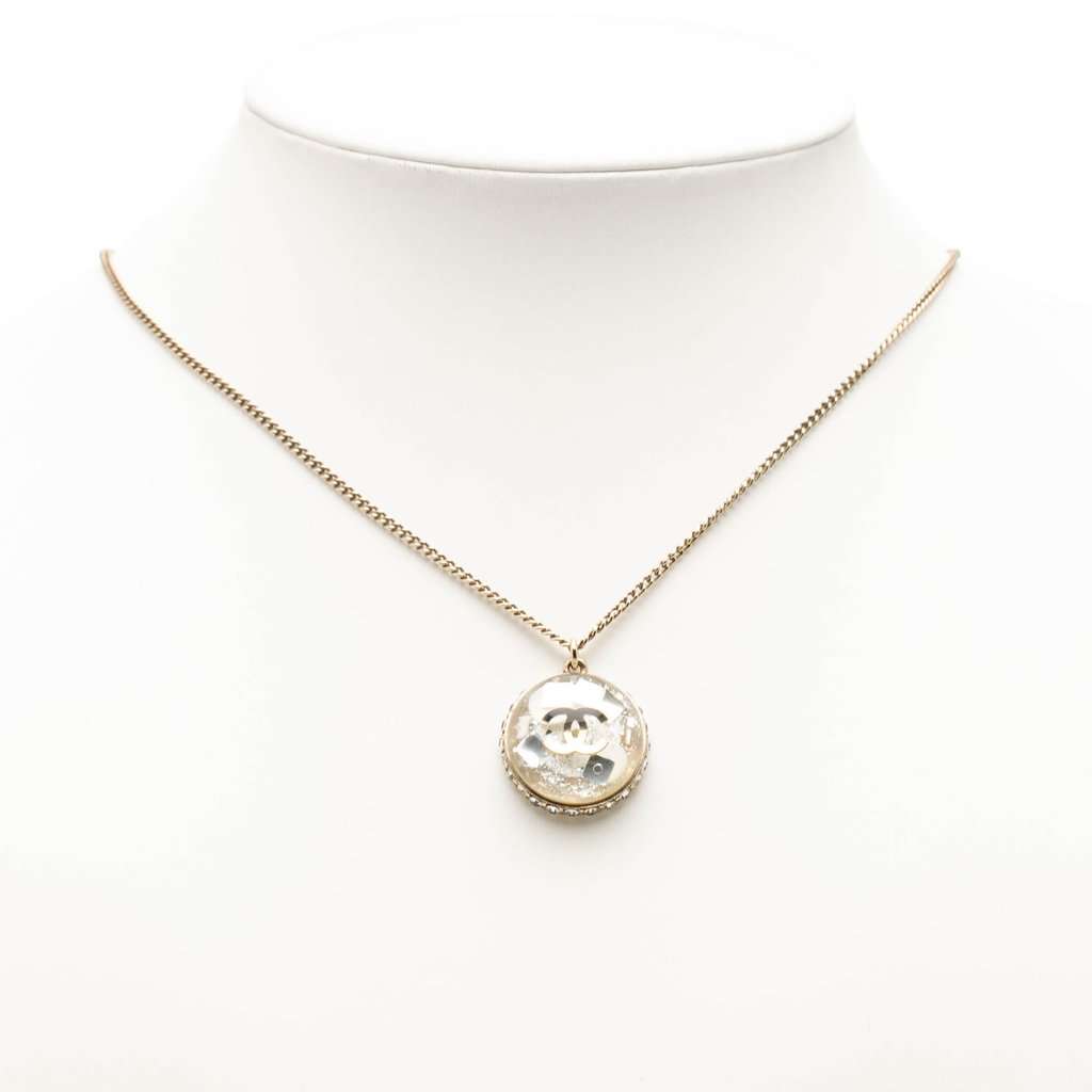 Chanel CC Gold Plated Resin and Strass Clear Dome Hologram Glitter Pendant Necklace Gold Metal Very good condition - Box View