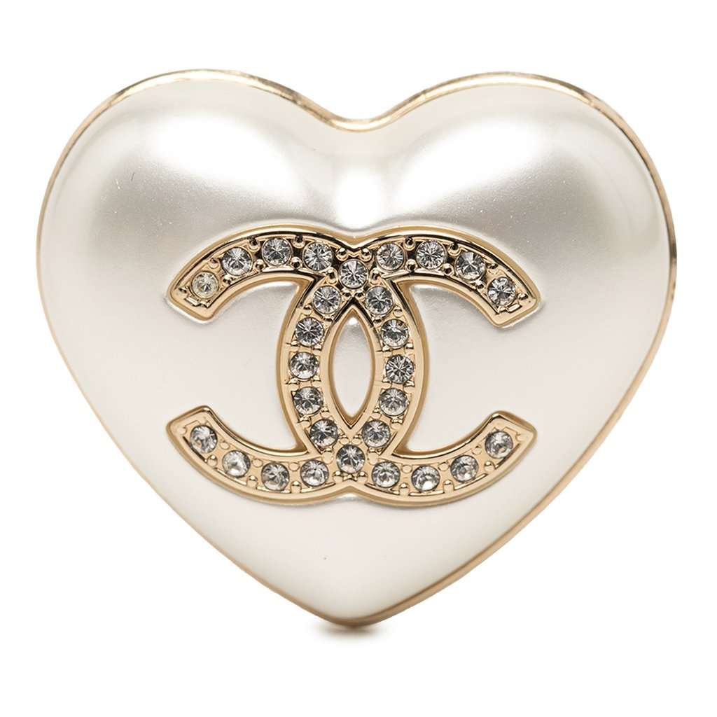 Chanel CC Resin Gold Plated Strass Heart Brooch White Plastic Very good condition - Front View
