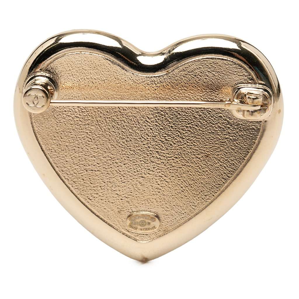 Chanel CC Resin Gold Plated Strass Heart Brooch White Plastic Very good condition - Back View