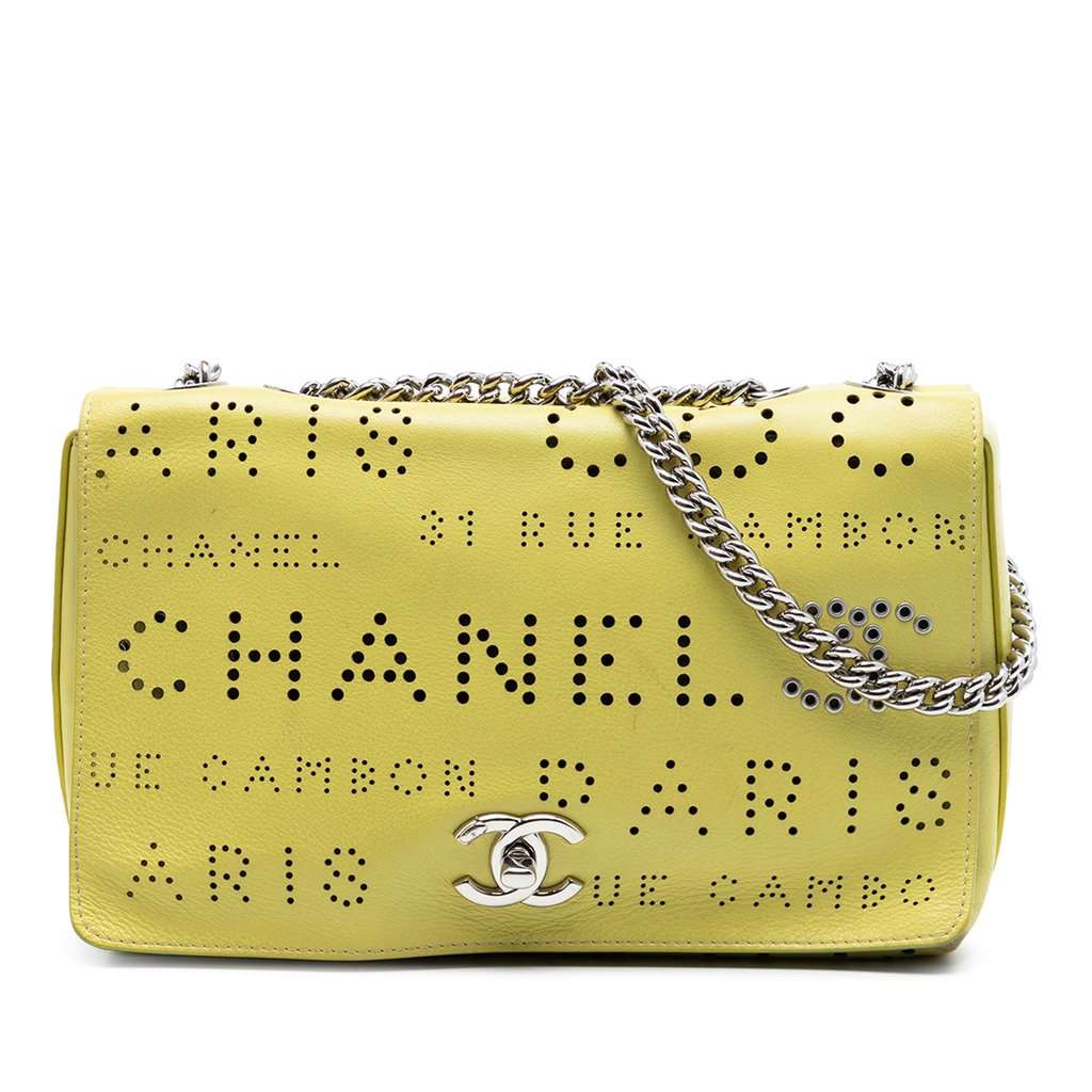 Chanel Perforated Calfskin Logo Eyelet Flap Yellow Leather Very good condition - Front View