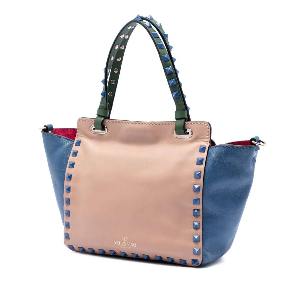 Valentino Mini Leather Colorblock Rockstud Trapeze Satchel Beige Leather Very good condition - Back View
