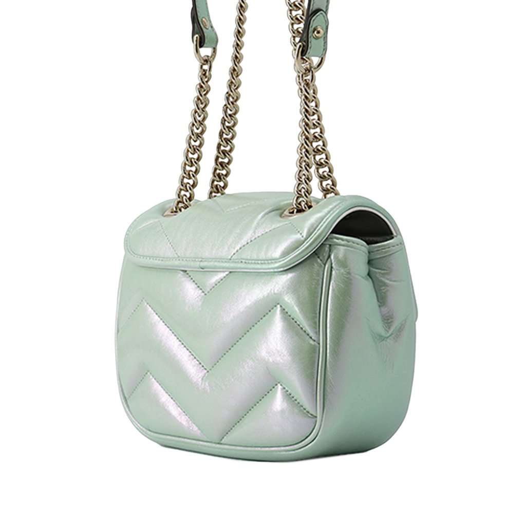 Gucci Mini GG Marmont Matelasse Iridescent Calfskin Flap Crossbody Green Leather Very good condition - Back View