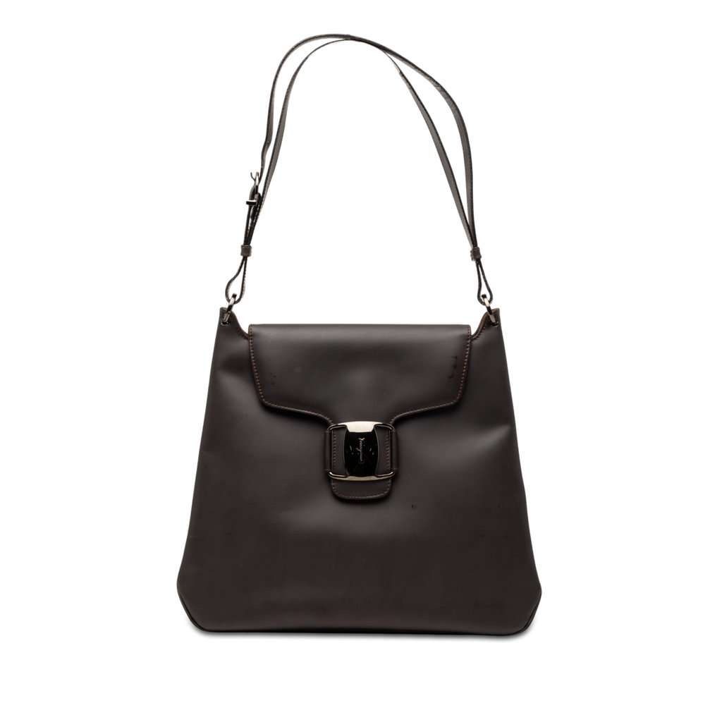 Salvatore Ferragamo Leather Vara Bow Buckle Shoulder Bag Brown Leather Very good condition - Front View