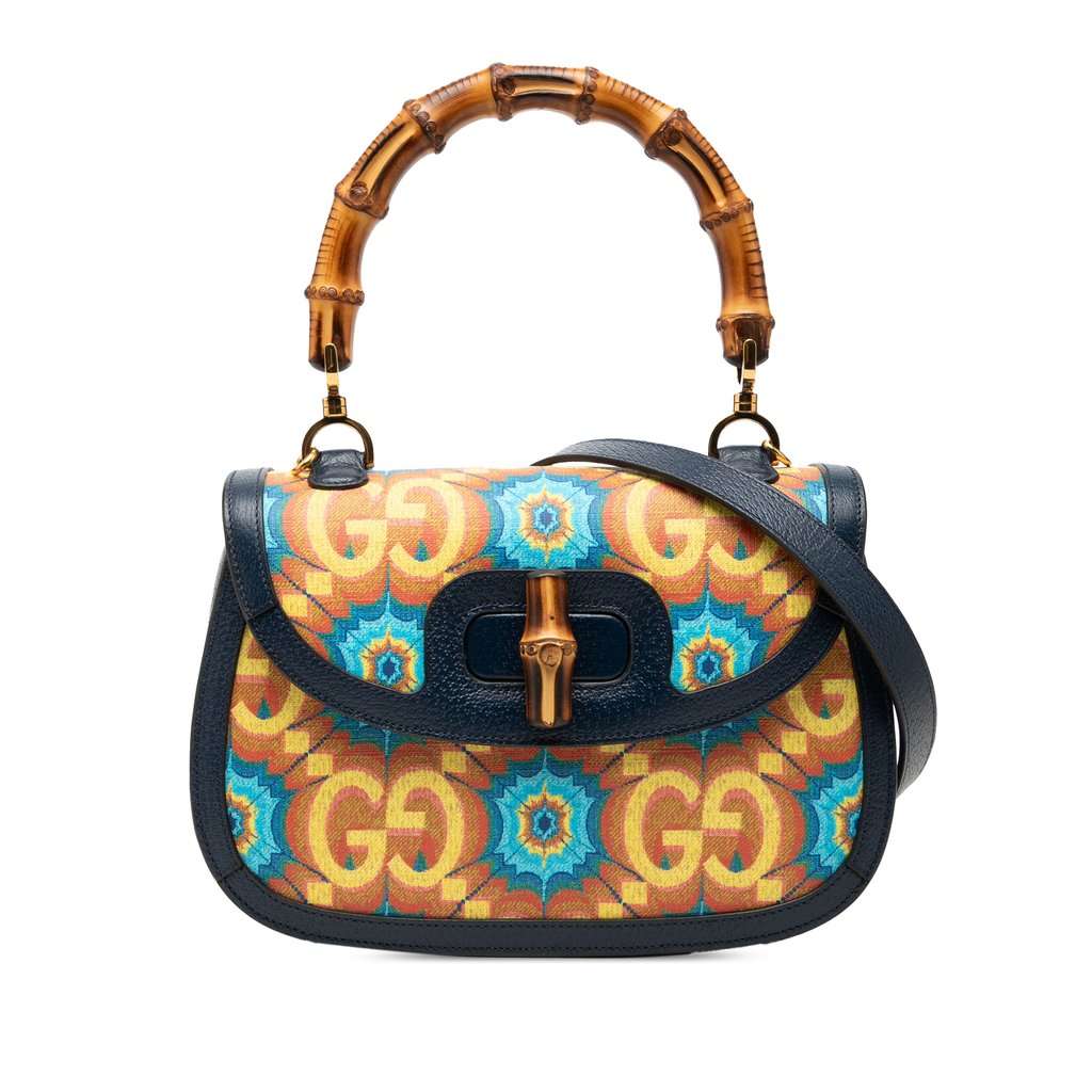 Gucci 100th Anniversary Medium GG Coated Canvas Kaleidoscope 1947 Bamboo Top Handle Bag Blue Very good condition - Front View