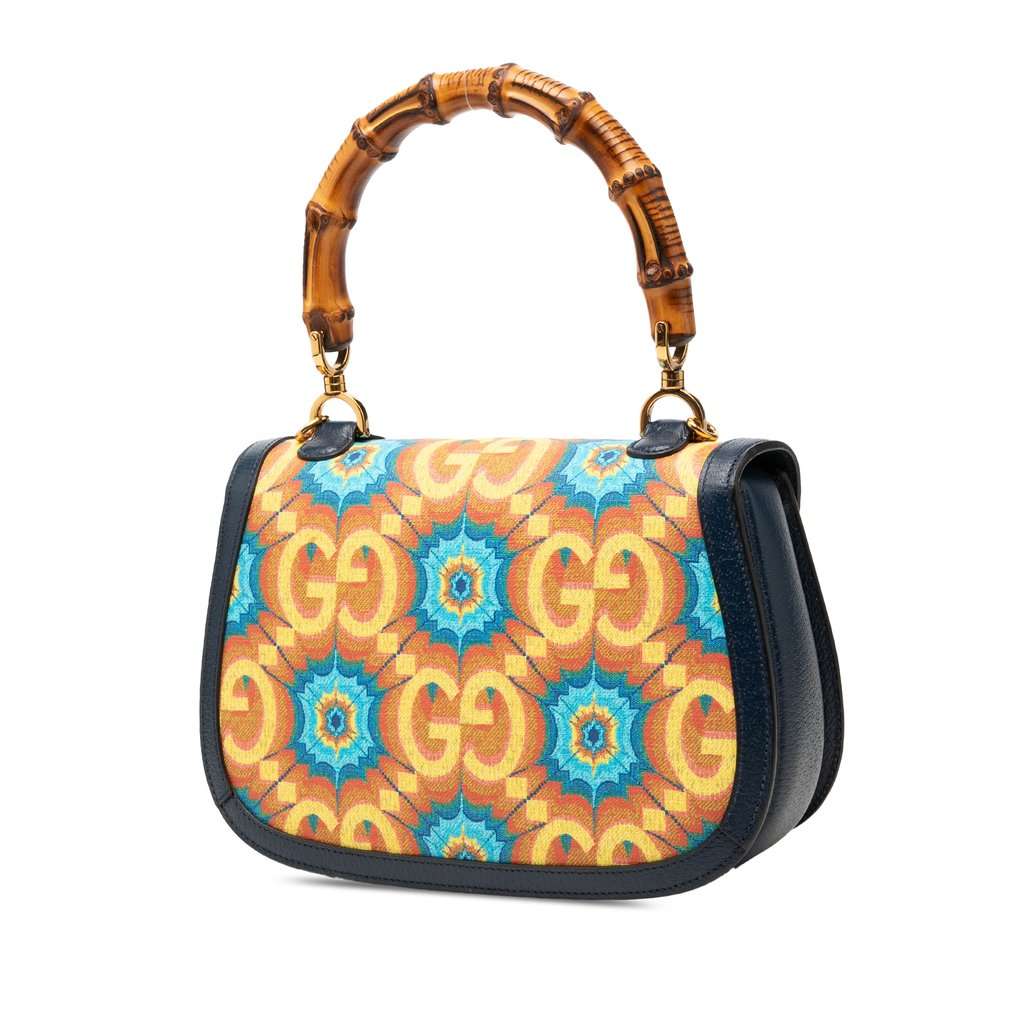 Gucci 100th Anniversary Medium GG Coated Canvas Kaleidoscope 1947 Bamboo Top Handle Bag Blue Very good condition - Back View