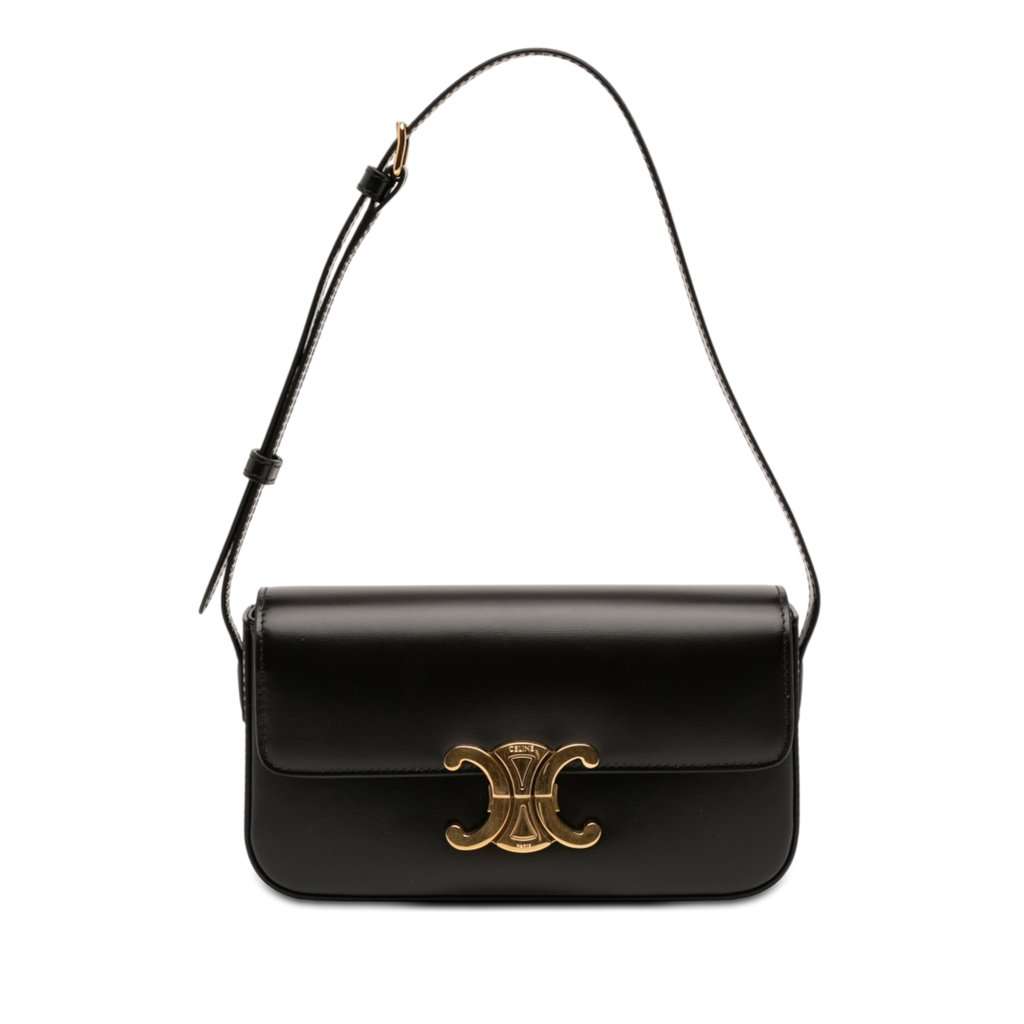 Celine Shiny Calfskin Triomphe Claude Shoulder Bag Black Leather Never worn - Front View